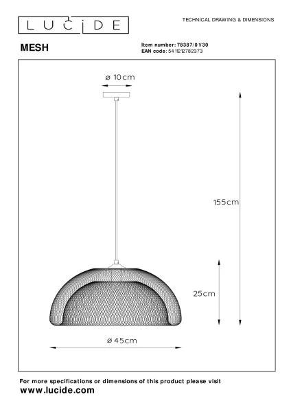 Lucide MESH - Hanglamp - Ø 46 cm - 1xE27 - Zwart - technisch